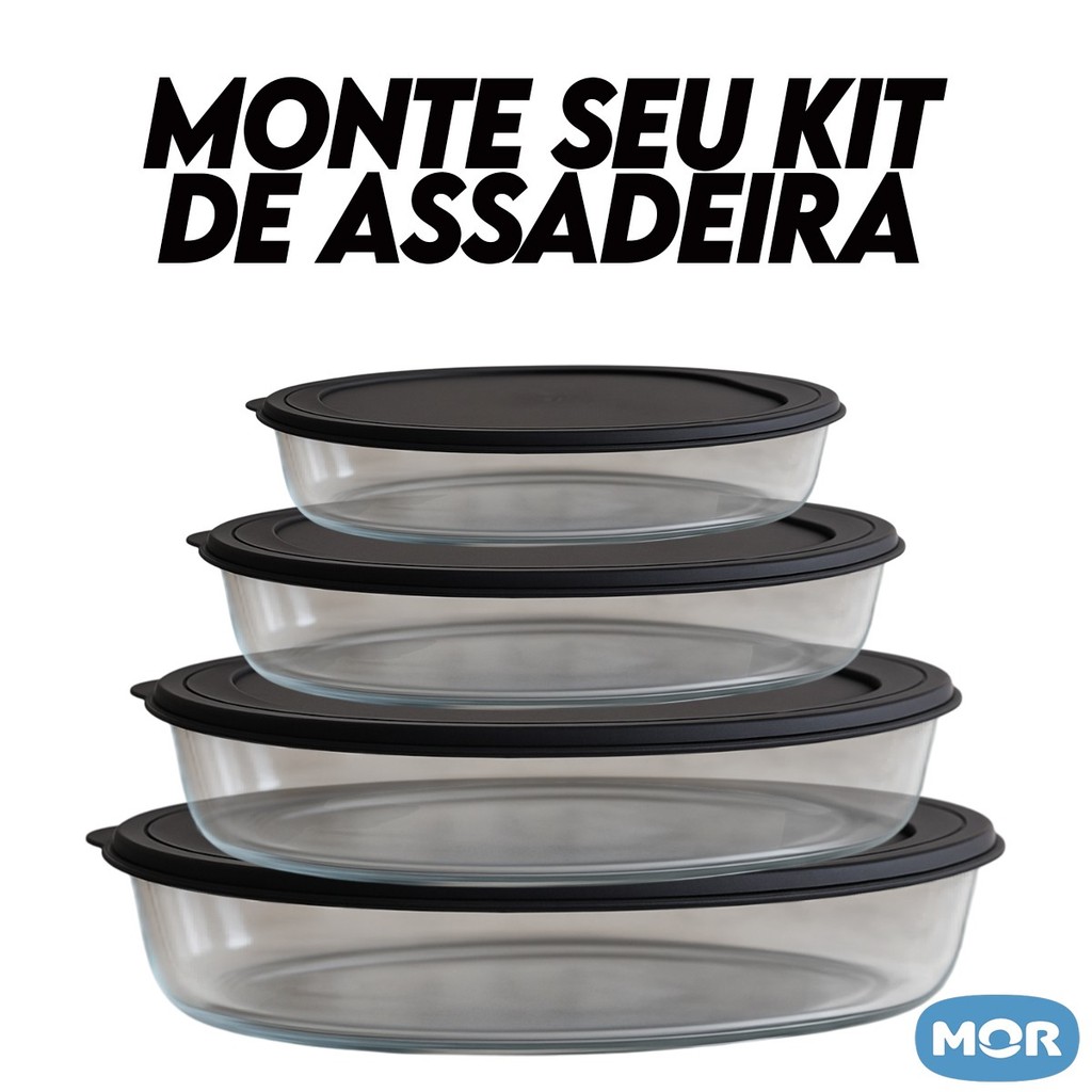 Travessa Oval Mor Com Tampa Assadeira Pirex em Vidro Temperado 1,6L, 2,4L, 3L e