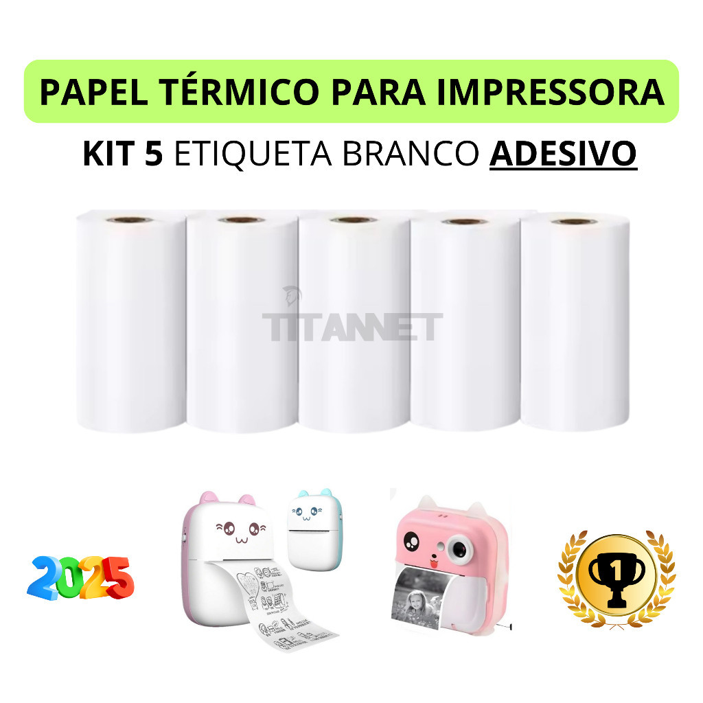 Imagem Kit 5 Bobina Etiqueta Térmica Adesiva 57x30mm Branco Mini Impressora