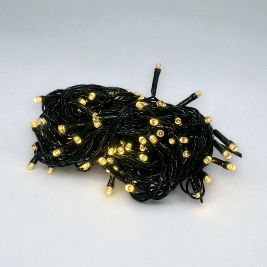 Cordão de LED Pisca Pisca Branco Quente com Fio Verde 100 Leds de 8 Funções - 5m - 1 unidade - Rizzo