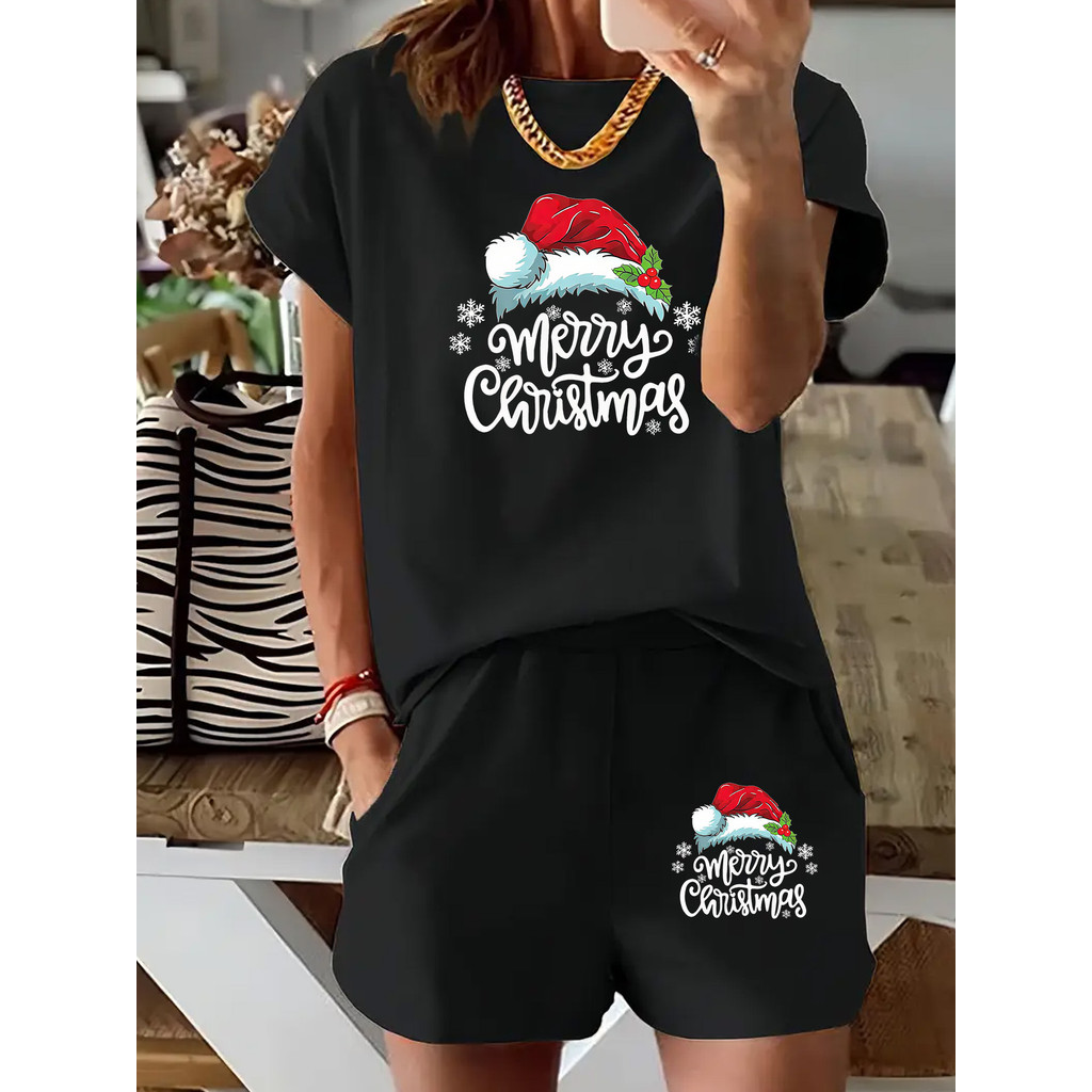 Conjunto de top e calções de manga curta com estampado de Natal casual para mulheres - Envio Rápido