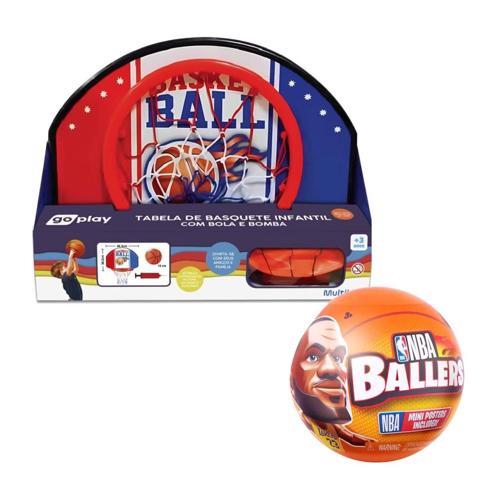 Kit Basquete Aventura Tabela Portátil Go Play c/ Bola e Bomba + Surprise NBA Ballers Sortido