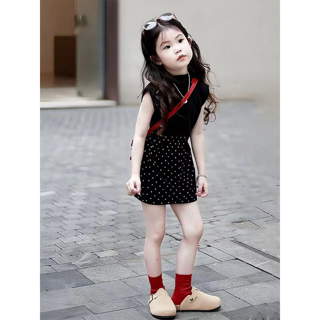 Meninas verão legal Sa estilo terno moda crianças bebê camiseta colete Polka Dot saia de duas peças verão na moda