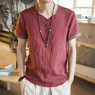 Estilo chinês roupas masculinas bordado algodão linho camiseta masculina de manga curta solta tamanho grande fino Casual