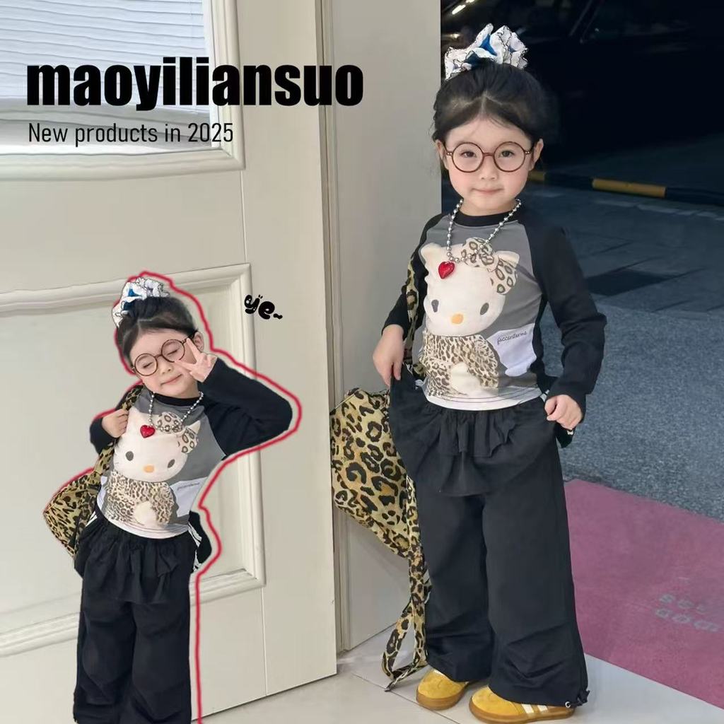 Feminino bebê versão coreana leopardo impressão KT manga comprida camiseta topo feminino bebê primavera novo estilo meni