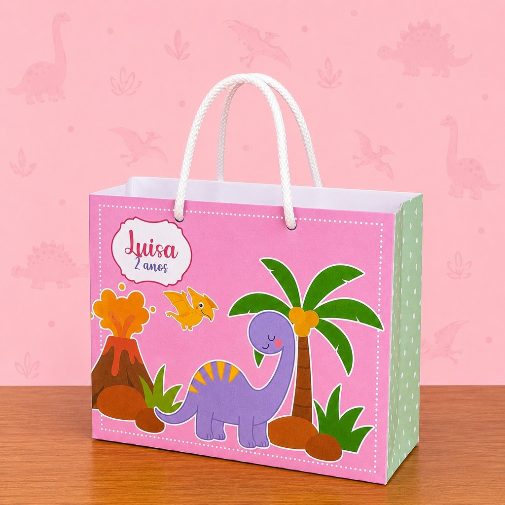 Sacolinha G Dinossauro Rosa Personalizada Sacola Lembrancinhas Festa infantil Aniversário