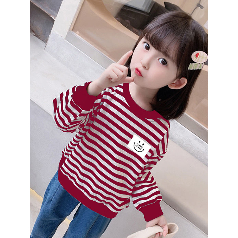 Algodão médio pequeno crianças roupas infantis listrado manga comprida camiseta falso de duas peças topo meninas moletom