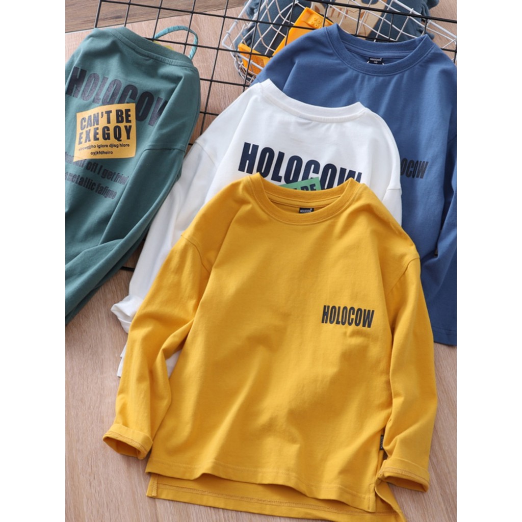 P primavera outono oferta especial ombro caído meninos camiseta de algodão macio de manga comprida novo estilo crianças 