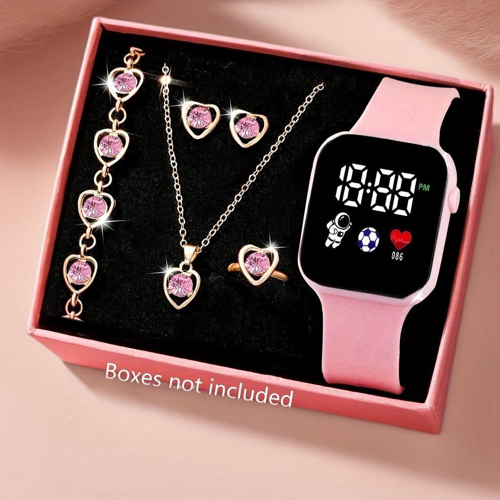 Conjunto De Relógio Feminino De 5 Peças , Relógios Eletrônicos Femininos , Pulseira , Anel , Brinco , Colar , Presente D