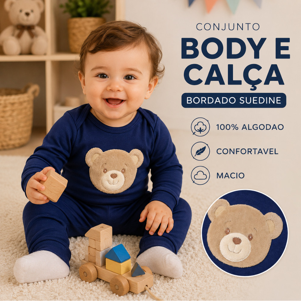 Conjunto Bebê Body e Calça  menino/menina conjuntinho Suedine 100% Algodão moda bordado enxoval luxo
