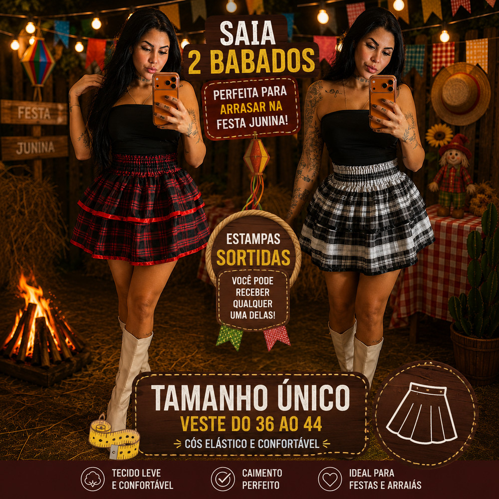 Saia De Caipira Dois Babados Fantasia de Festa Junina Adulto Tamanho 36 ao 44