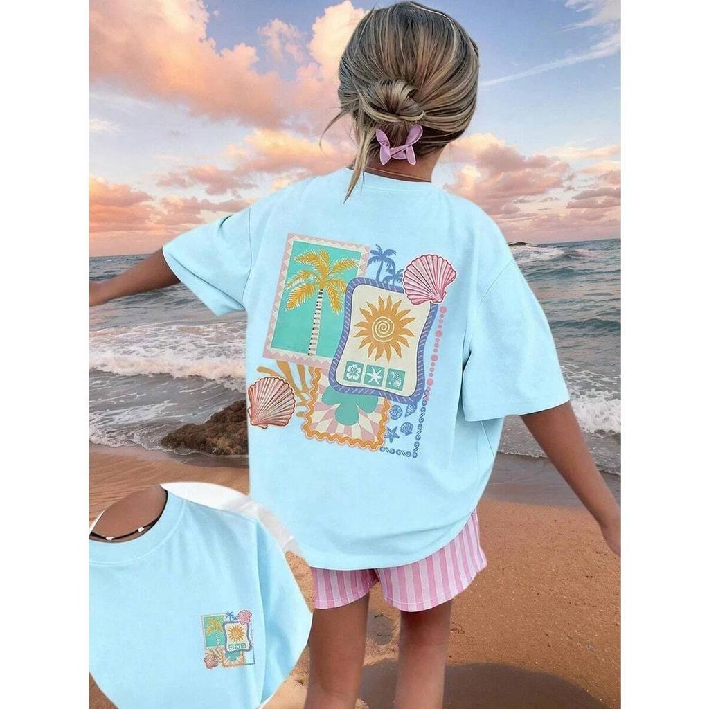 Camiseta Infantil Manga Curta Estampada para Meninas Pré-Adolescentes, Camisa Casual para Estudantes Jovens