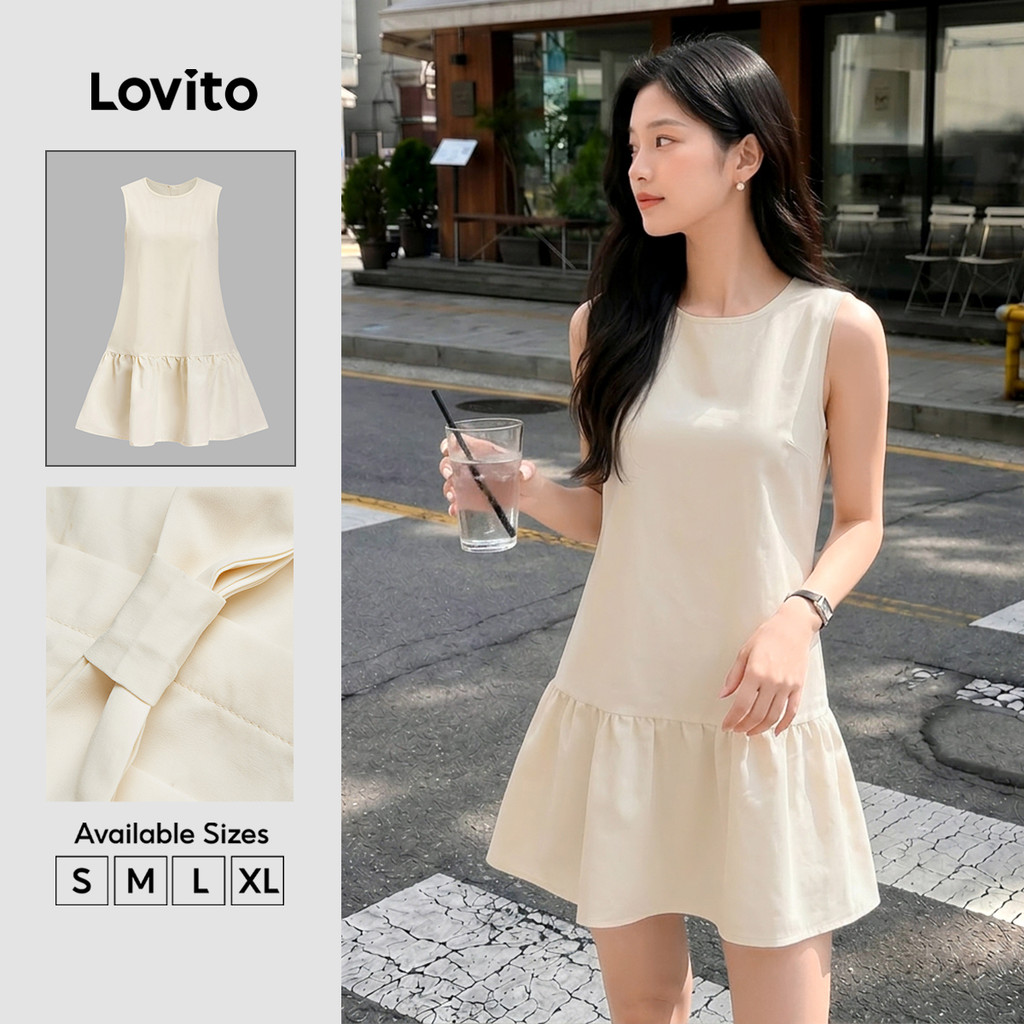 Lovito Casual Vestido liso com babados e laço nas costas para mulheres L109MD174