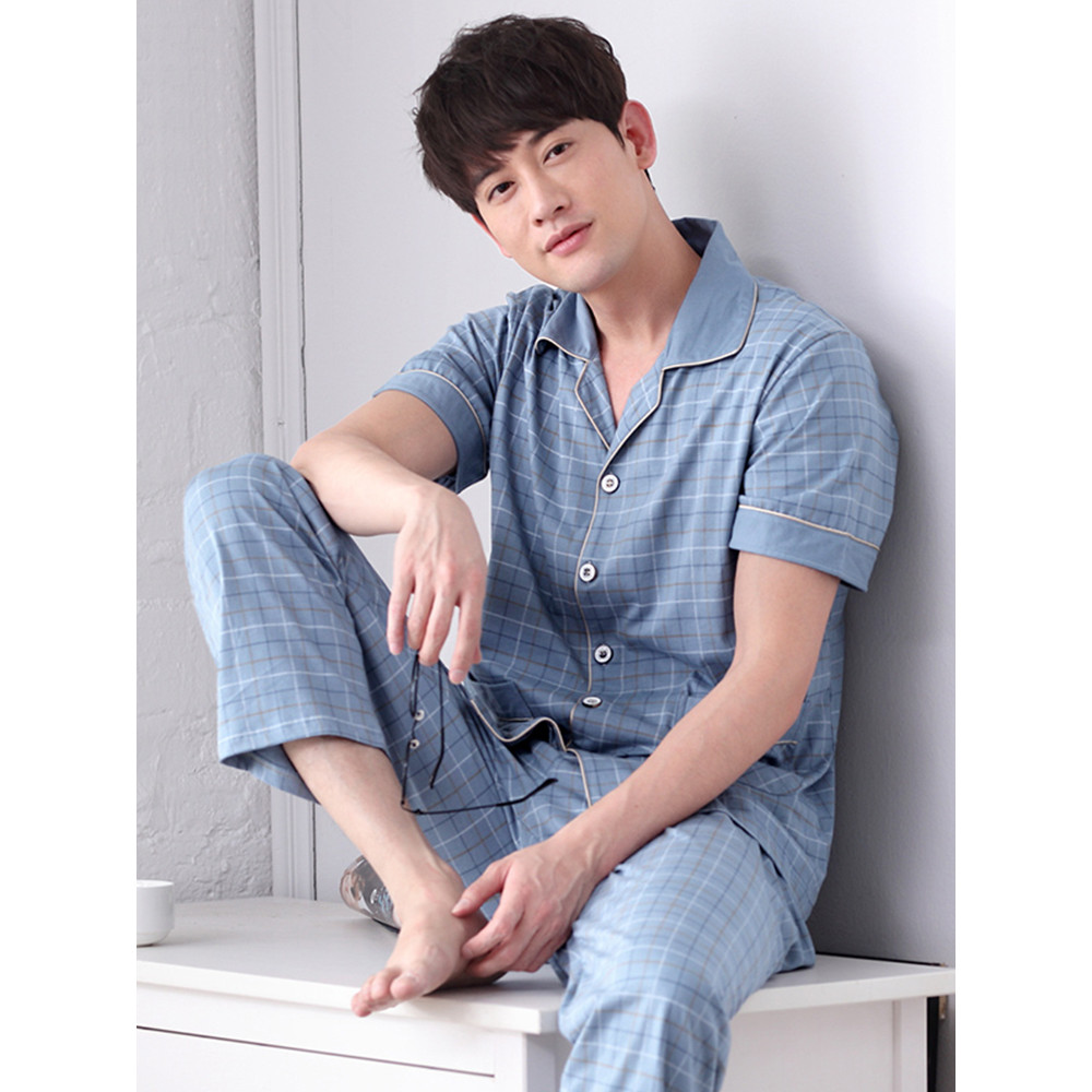 Kelefen pijamas masculinos verão puro algodão calças de manga curta Homewear verão fino tamanho grande terno