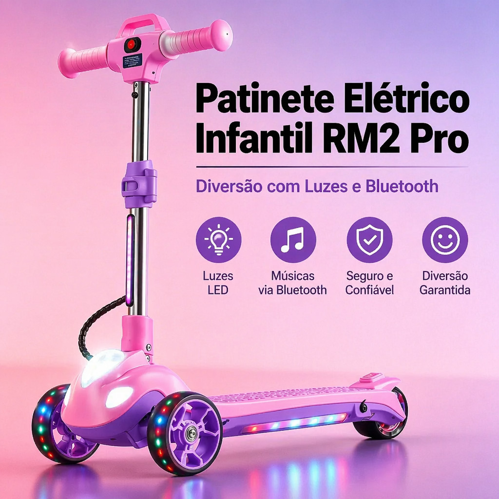 Patinete Elétrico Infantil Dobrável 3 Rodas com LED Bluetooth e Autonomia até 8km