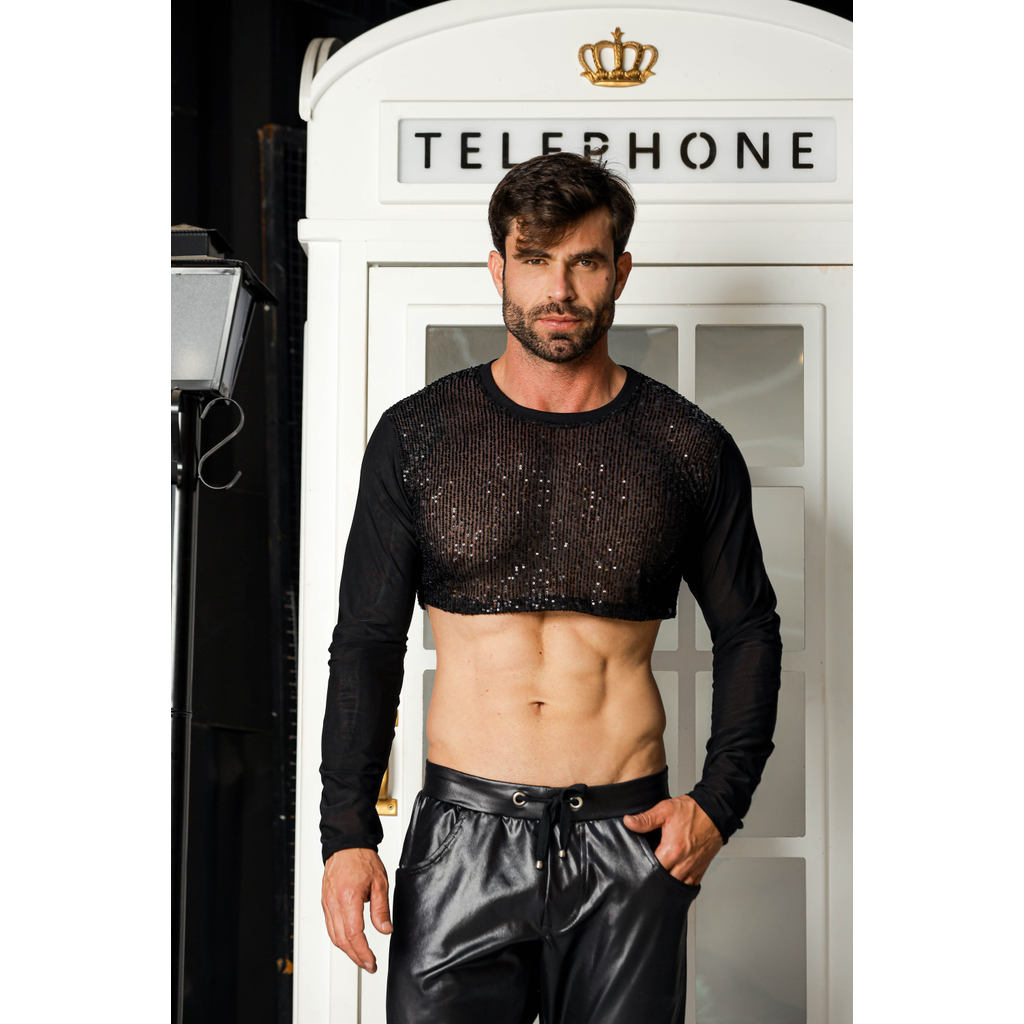 Cropped Masculino Paetê Mangas em Tule Moda Masculina Casual Festa Estilo