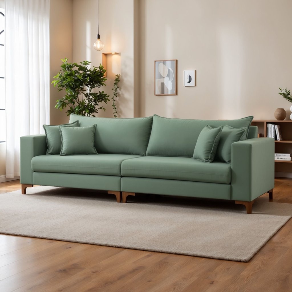 Sofá Living Bipartido 3 Lugares 220cm Almofadas Soltas Pés Madeira Maciça Madri Linho Verde