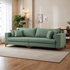 Sofá Living Bipartido 3 Lugares 220cm Almofadas Soltas Pés Madeira Maciça Madri Linho Verde