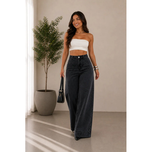 Calça Jeans Feminina Wide Leg Cintura Alta Com Bolsos
