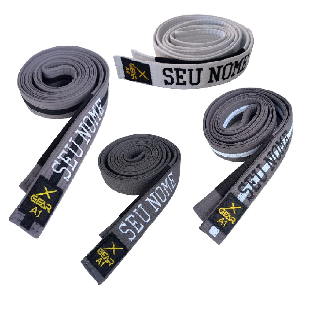 Faixa Infantil Jiu Jitsu Xgear com nome Bordado Branca Cinza