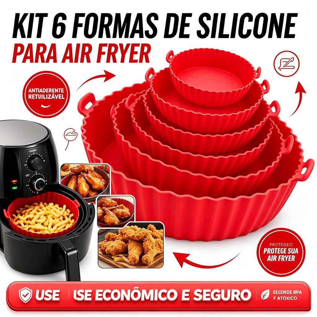 Kit 6 Forma de Silicone para Fritadeira Air Fryer com Alça Antiaderente Cozinha