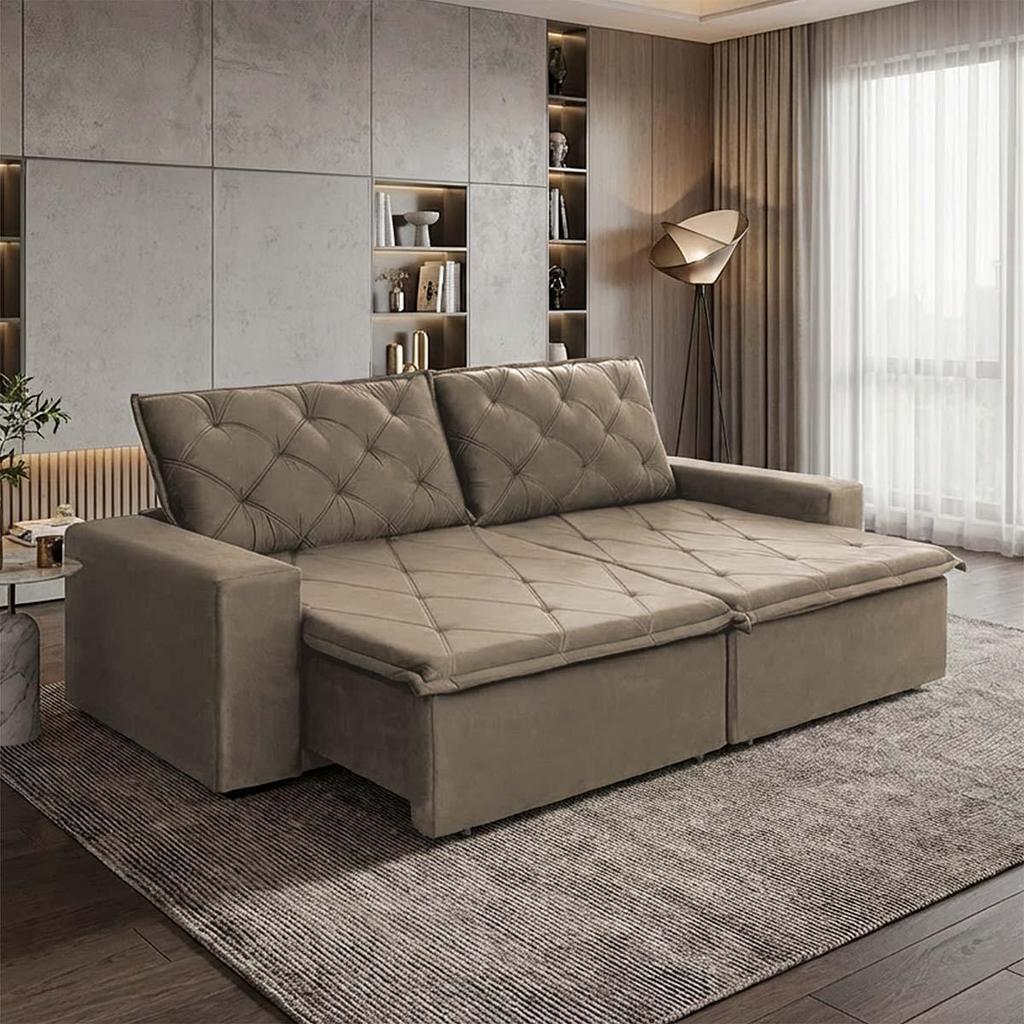 Sofá Cama Bangkok Sem Caixa 3,00m Retrátil e Reclinável Com Molas Velut Bege- King House