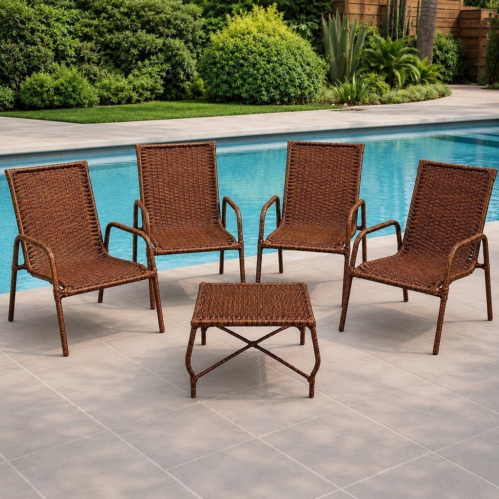 KIT 4 CADEIRAS JUNCO + MESINHA SINTéTICO PARA JARDIM PISCINA ÁREA EXTERNA SACADA VARANDA GOURMET