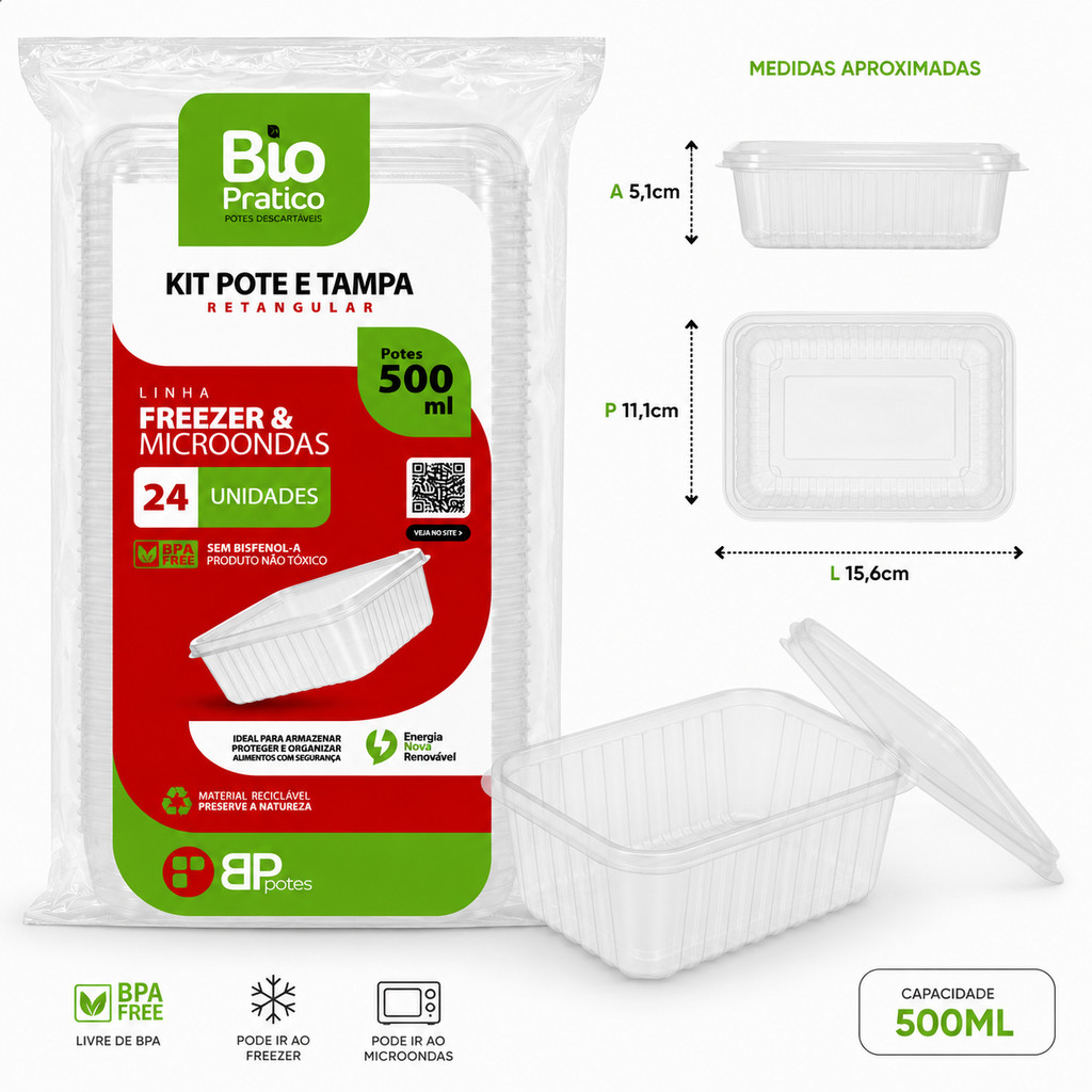 Pote Marmita Retangular Transparente 500ml Plástico Microondas Freezer 24 unidades Fitness Marmitex BPA Free