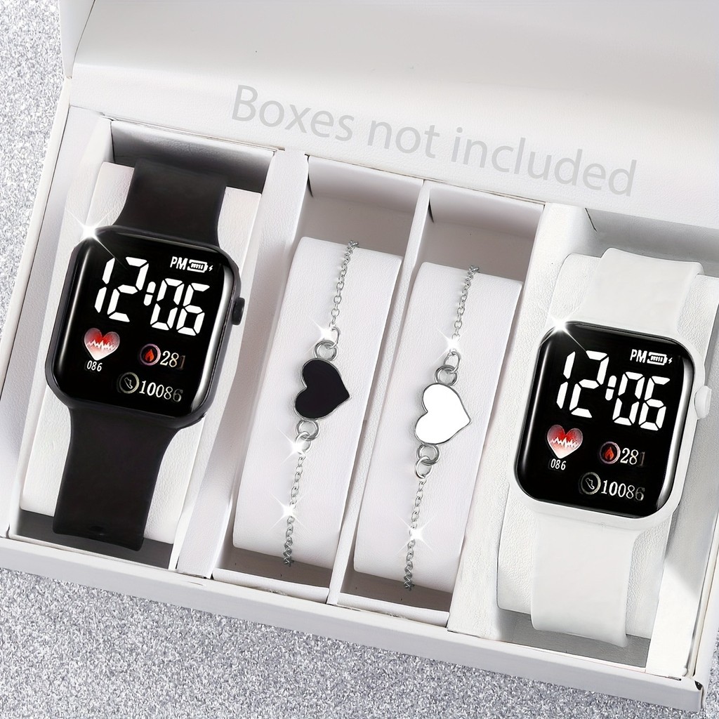 Couple Watch Set Conjunto Elegante De Relógio Digital Com 4 Pacotes Para Mulheres-Capas Quadradas,Pulseiras De Coração,P