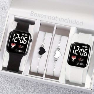 Couple Watch Set Conjunto Elegante De Relógio Digital Com 4 Pacotes Para Mulheres-Capas Quadradas,Pulseiras De Coração,P