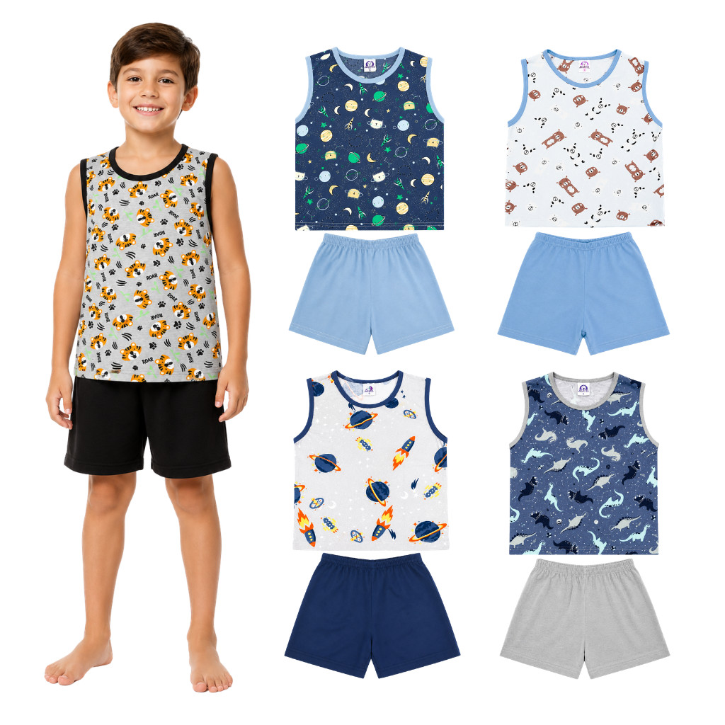 Kit 3 Pijamas Regata Machão e Short Estampas Sortidas Infantil Masculino Tam. 2 ao 8