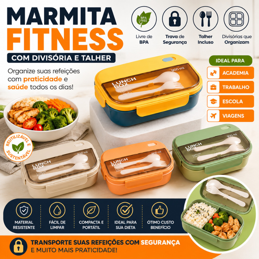 Marmita Fitness 900ml Com Divisórias Talher Incluso Trava De Segurança Livre BPA Porta Refeição
