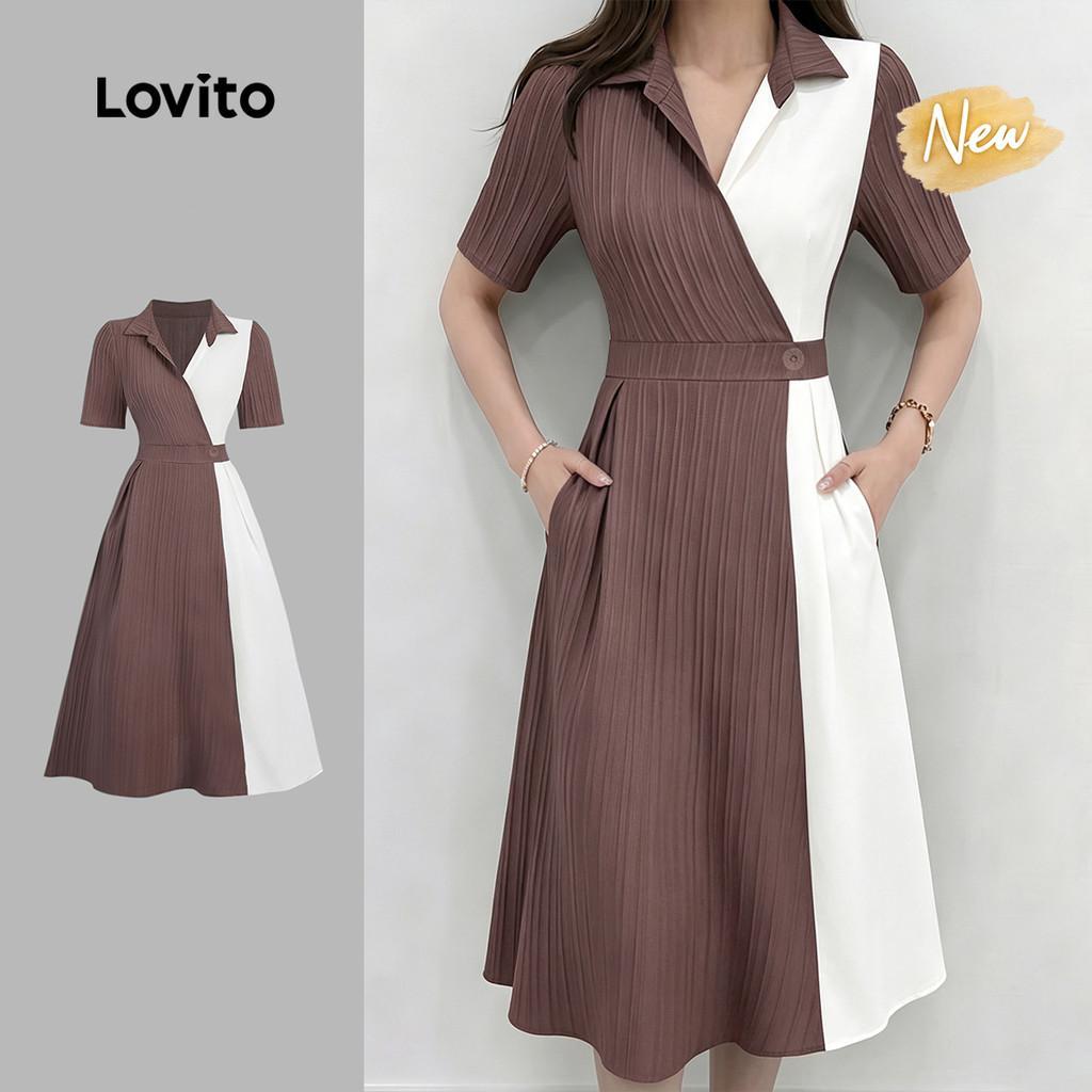 (New Arrival) Lovito Vestido Casual Colorido com Botão e Zíper Vestido Primavera