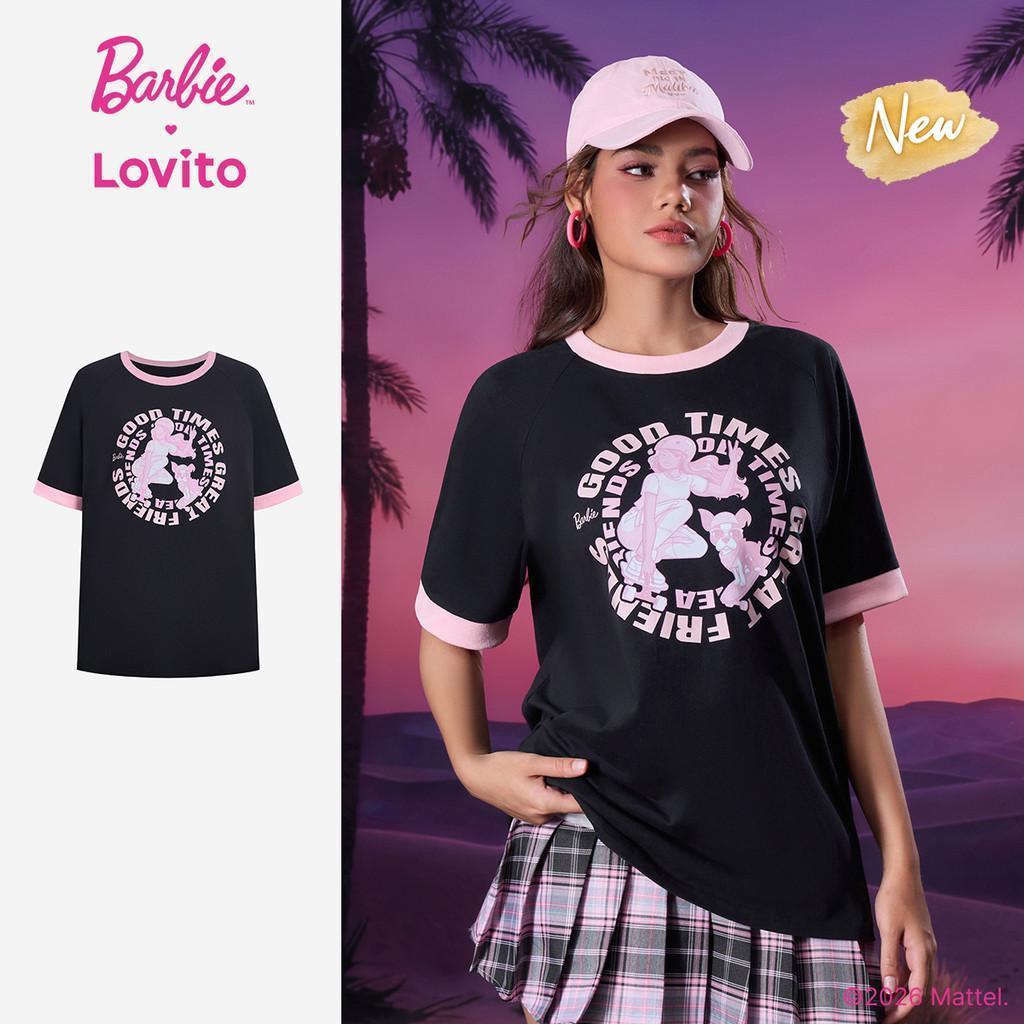 (New Arrival) Barbie™ X Lovito Camiseta Preta Feminina Manga Curta Gola Redonda