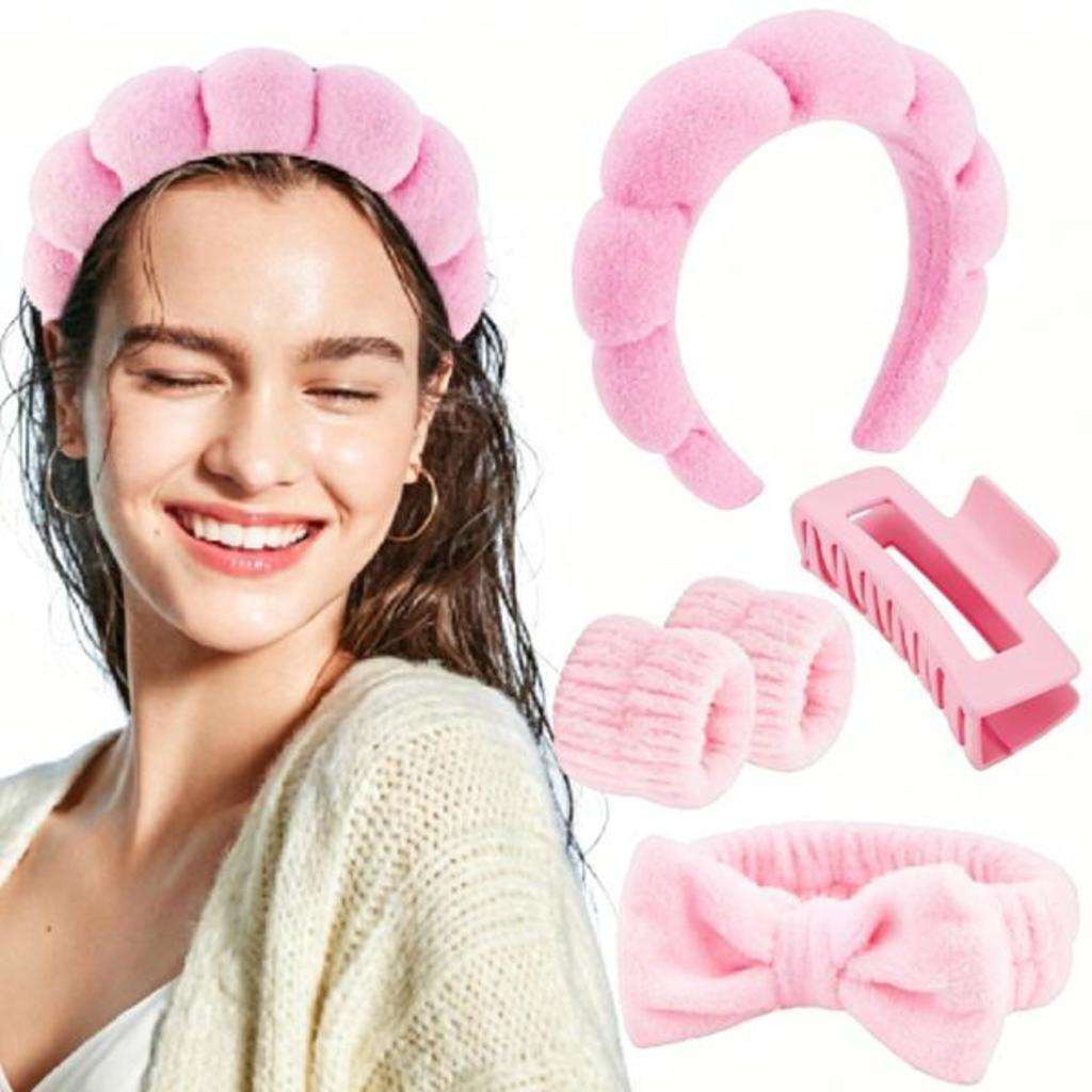 Kit 5 Peças Acessórios de Skincare Spa Feminino: Tiara Nuvem, Pulseira, Elástico e Presilha