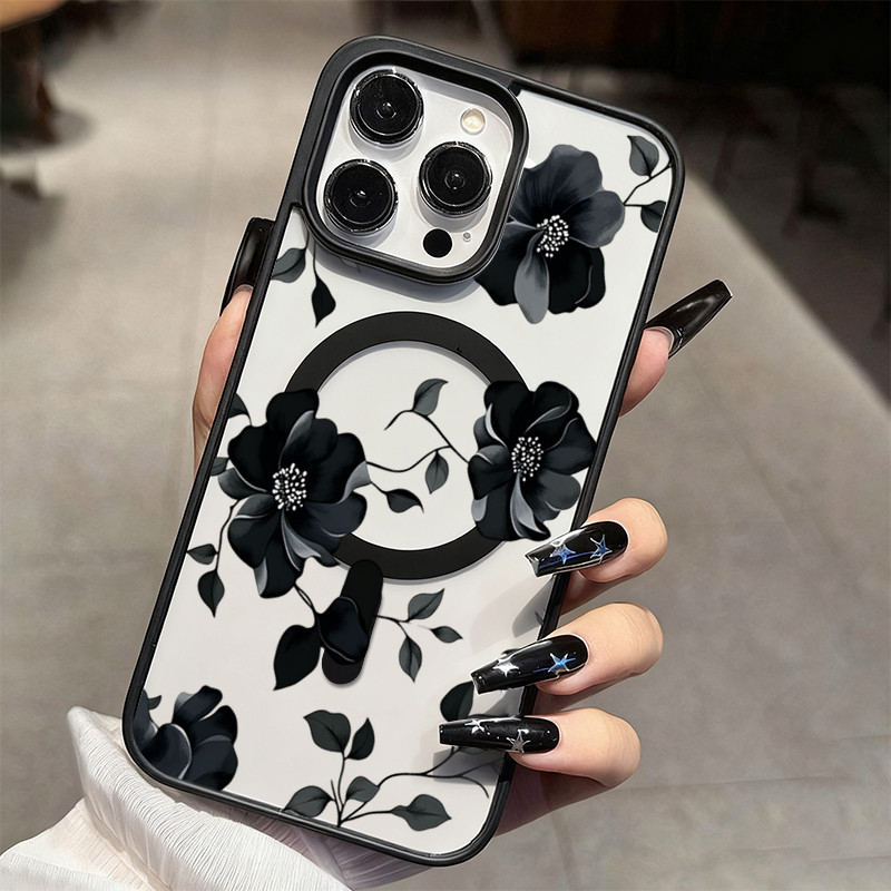 Preto Floral Magnético Claro Caso De Telefone Para Samsung Galaxy A06 A16 A26 A36 A54 A55 A56 A57 A35 A07 A17 A37 Capa