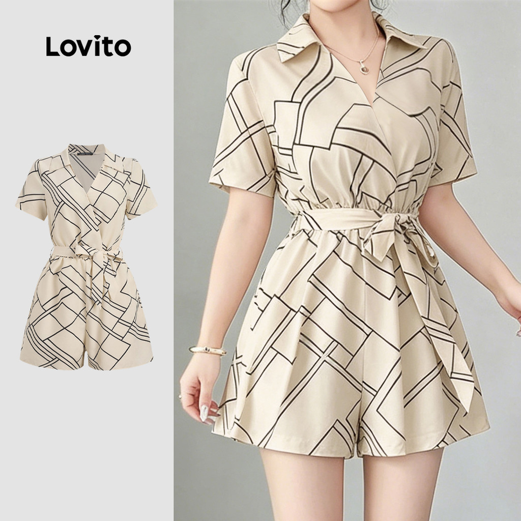 (New Arrival) Lovito Macacão Casual com Laço para Lazer Primavera/verão Cor Dama