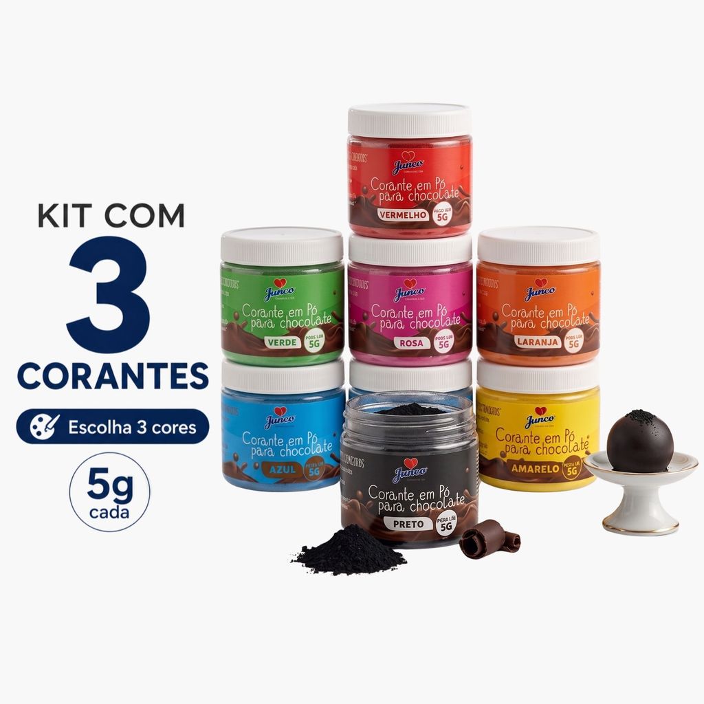 KIT c/3 Corante em Pó para Chocolate Lipossolúvel Junco 5g Cores Intensas Azul Laranja Vermelho Amarelo Rosa Preto Verde