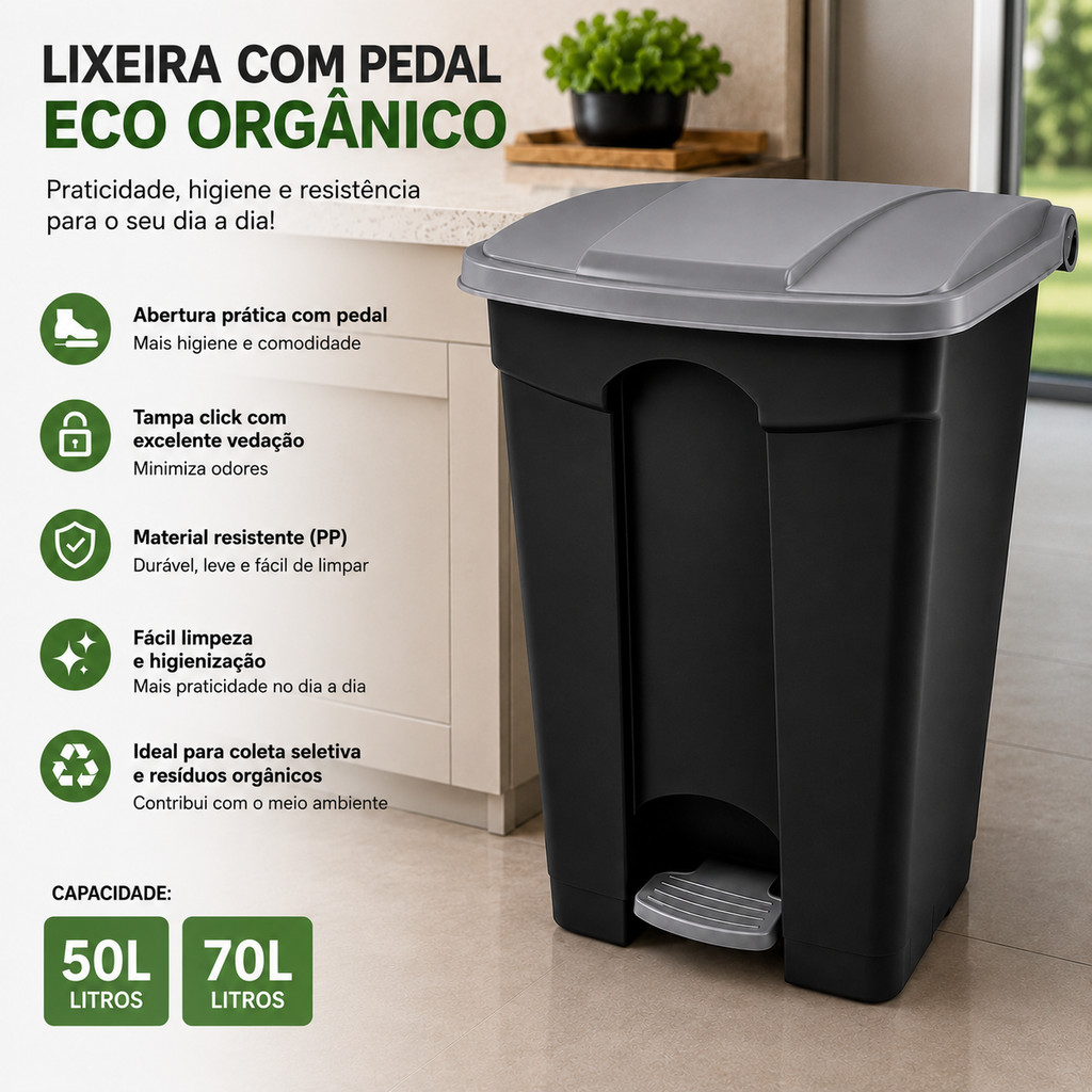 Lixeira 50L ou 70L com Pedal e Tampa Moderna Resistente Cozinha Banheiro Escritório Grande