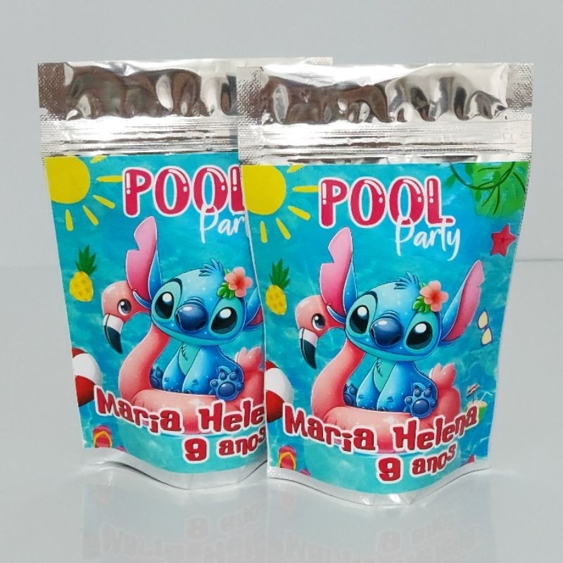SAQUINHO METALIZADO STITCH POOL PARTY LEMBRANCINHA PERSONALIZADA PARA FESTA INFANTIL ANIVERSÁRIO MENINA E MENINO