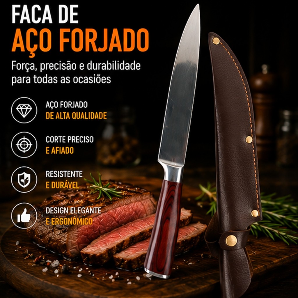 Faca Campeira 32cm Aço Forjado Profissional Com Bainha Cabo Ergonômico Churrasco Açougue