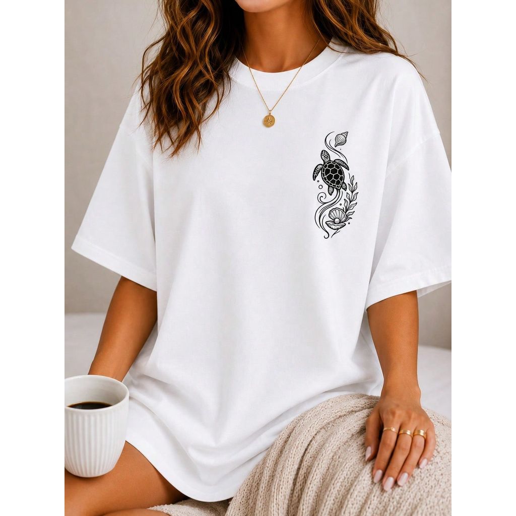 Camiseta Feminina Tartaruga Conchas Praia 100% Algodão Premium Puglieri Store – Confortável, Macia e Estilosa | P ao GG