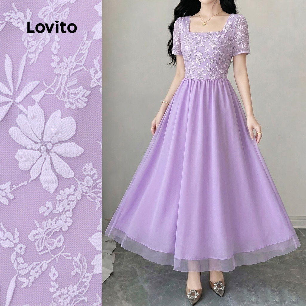 (New Arrival) Lovito Vestido Longo Casual Roxo De Corte Evasê Com Decote Quadrad