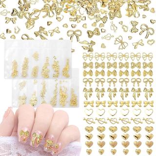 Laços Dourados para Unhas, Laços Pequenos em Forma de Coração com Base Plana, Laços Dourados para Arte em Unhas, D