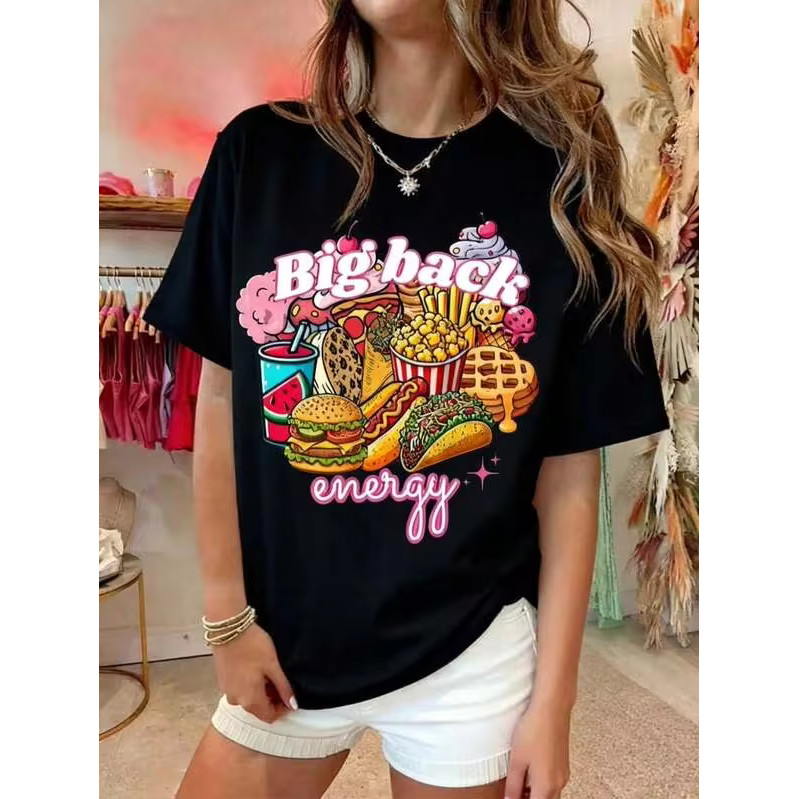 Camiseta Feminina Estampa Comida Streetwear Colorida Confortável Fofa Estilosa Moda Feminina Casual