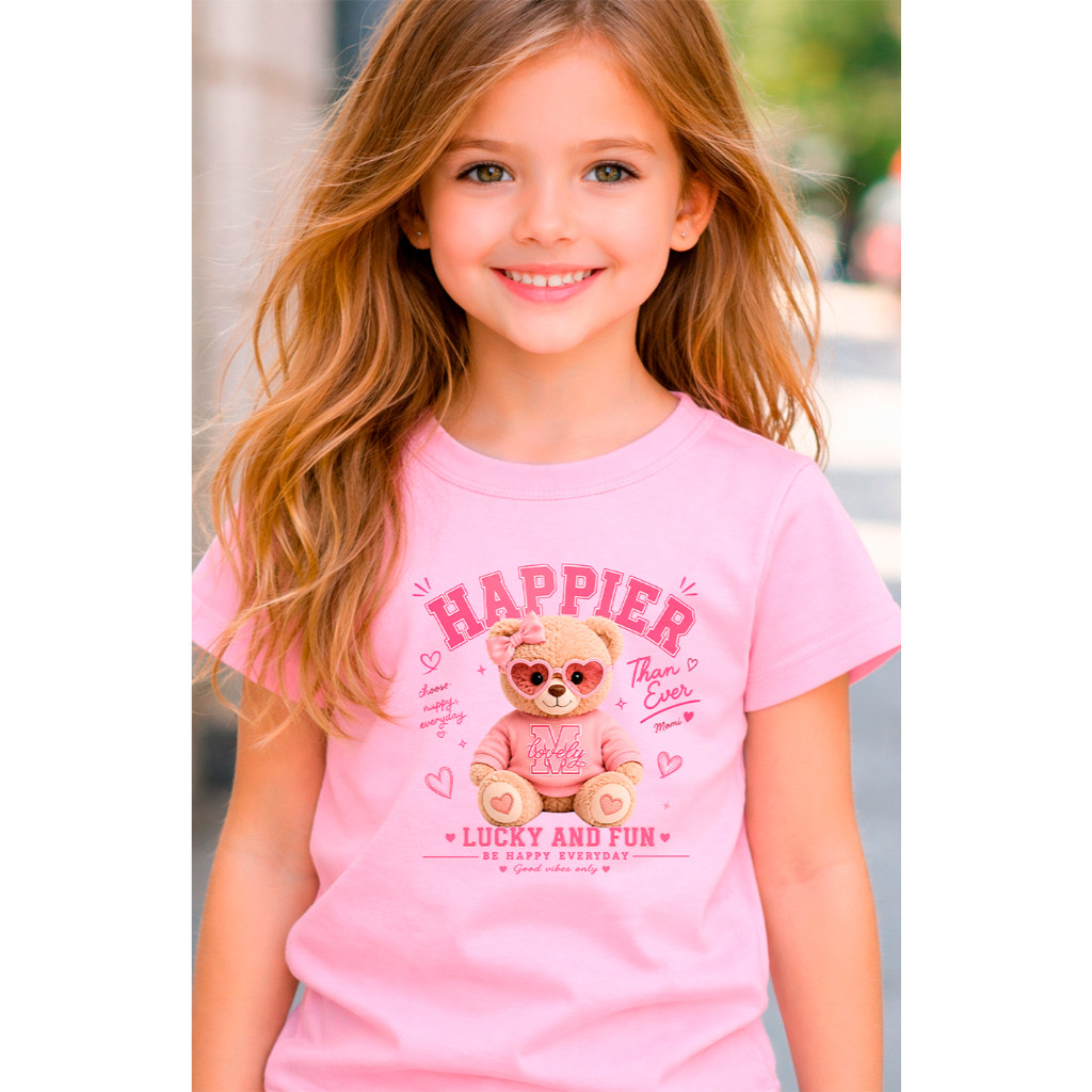 Camiseta Infantil com Estampa de Ursinho e Corações Super Confortável