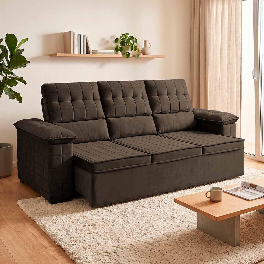 Sofá Retrátil Reclinável 4 lugares com molas 2,30m Quantum Suede Velut Marrom - King House