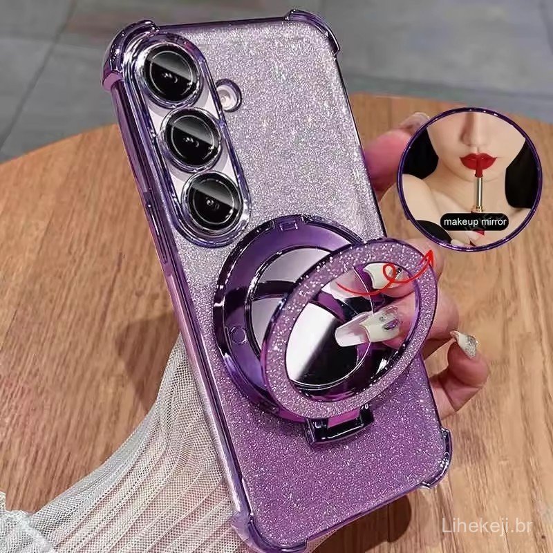 Glitter À Prova De Choque Espelho Magnético Suporte Caso Para Samsung Galaxy A07 A17 A37 A57 A06 A16 A26 A36 A56 A05 A15