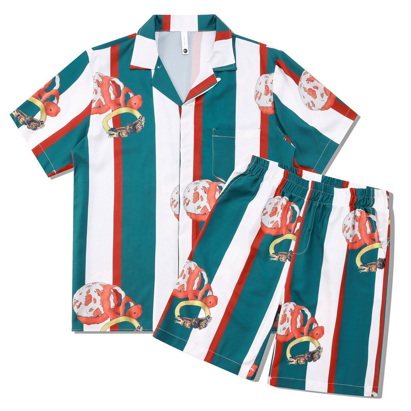 [Novo produto] Cavalheiro Digital Impresso Costa Ocidental Conjunto Casual Camisa Masculina Shorts Listrados Conjunto Ca
