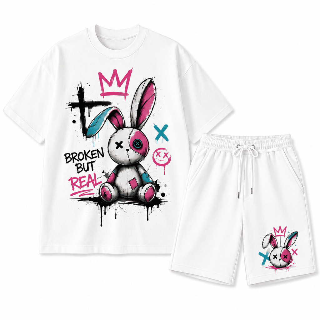 Conjunto Camiseta Bermuda Streetwear Coelho Broken But Real Dark Aesthetic Estampado