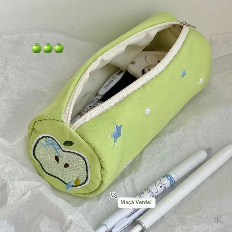 Green Apple Star Green Pen Saco de caneta fofo caixa de papelaria saco de guardar saco de papelaria bordado caixa de can